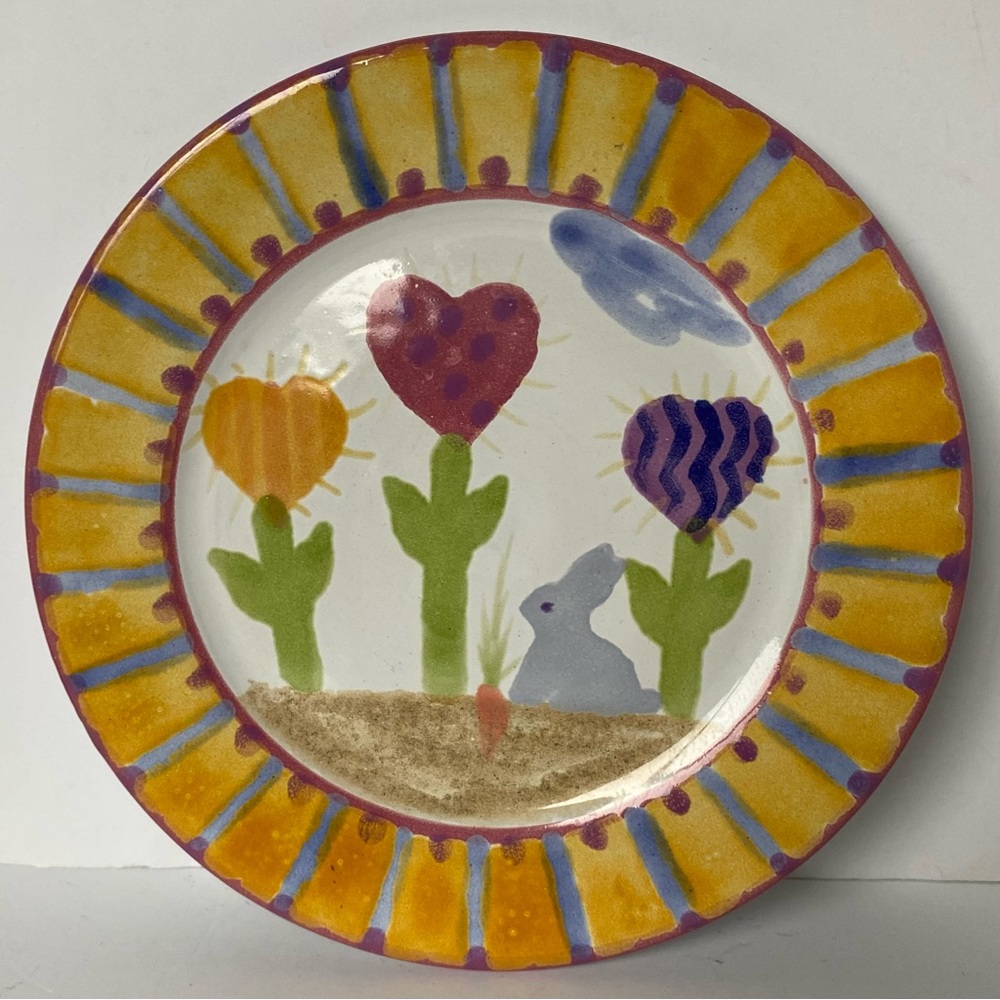 Bunny Plate Art Pottery Hand Painted Signed Julia Easter Baby Dinnerware New